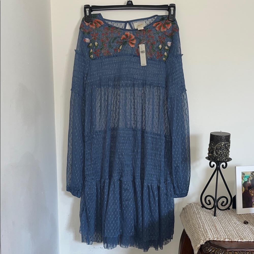 Anthropologie Maeve Blue Dress with Floral Embroidery